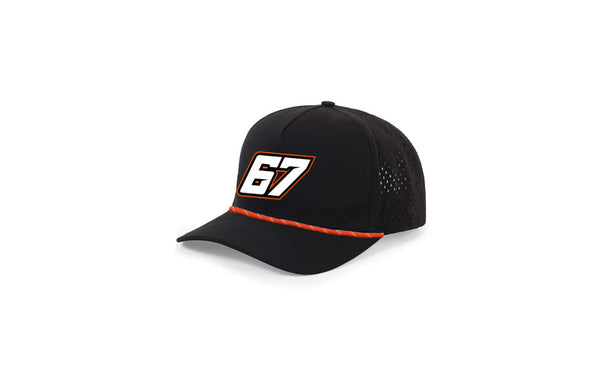 Black cap with a logo featuring the number 67 on a white background